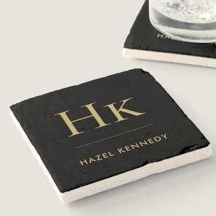 Monogram Simple Elegant Minimalistisch Black Gold Steinuntersetzer