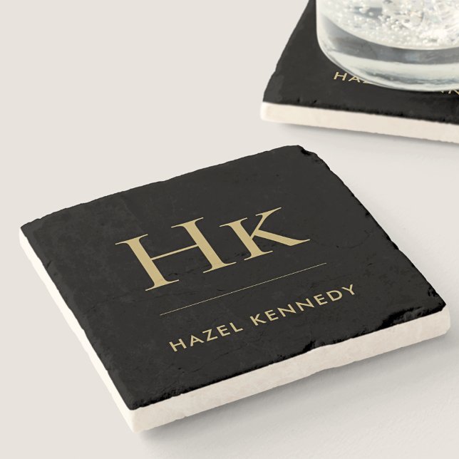 Monogram Simple Elegant Minimalistisch Black Gold Steinuntersetzer (Von Creator hochgeladen)