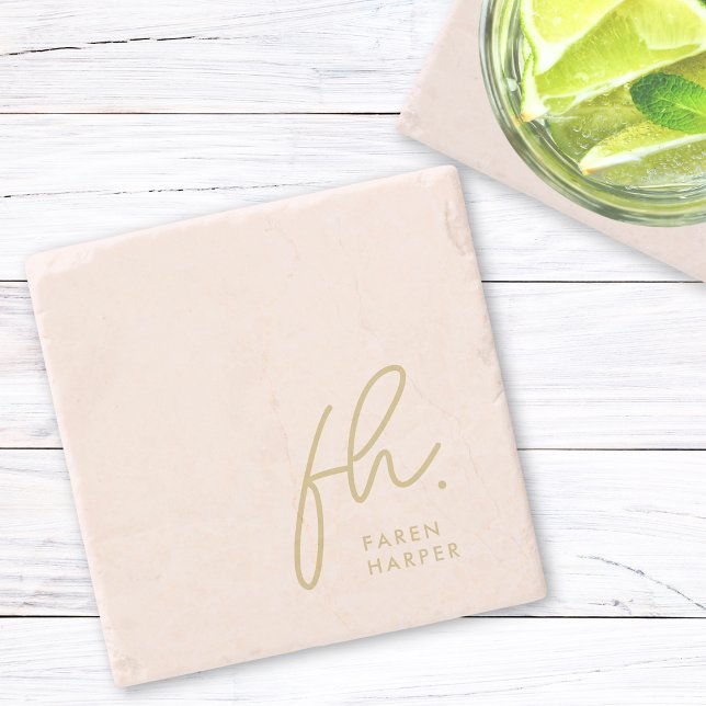 Monogram Simple Feminine Script Blush Pink Gold Steinuntersetzer (Von Creator hochgeladen)
