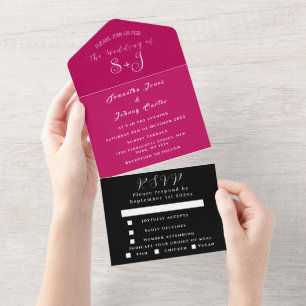 Monogram Simple Magenta Fuchsia Black Wedding All In One Einladung