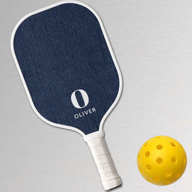 Monogram Simple Modern Navy Blue Denim Print Pickleball Schläger (Von Creator hochgeladen)