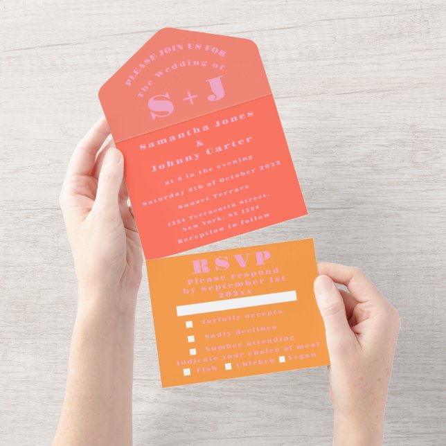 Monogram Simple Pink Orange Bold Wedding All In One Einladung (Abreißen)