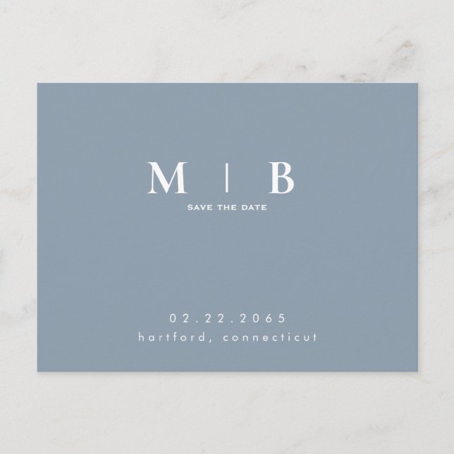 Monogram Simple Sleek Dusty Blue Save the Date Postkarte (Vorderseite)