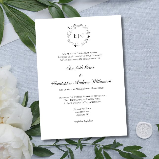 Monogram Simple Traditional Elegant Wedding Einladung (Elegant Monogram Laurel Wreath Traditional Formal Classic Black White  Minimalist Wedding Invitation)