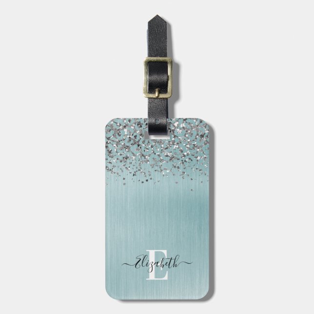 Monogram-Skript für den Blue Brushal Metal Silver  Gepäckanhänger (Vorderseite vertikal)