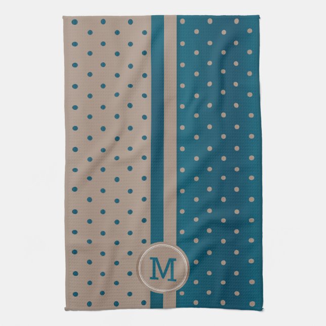 Monogram Slate Blue und Tan Polka Dot Geschirrtuch (Vertikal)