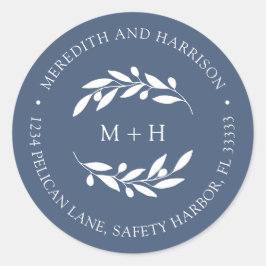 Monogram Slate Blue Wedding Rücksendeadresse Runder Aufkleber