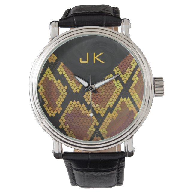 Monogram Snake Brown und Gold Print Armbanduhr (Vorderseite)