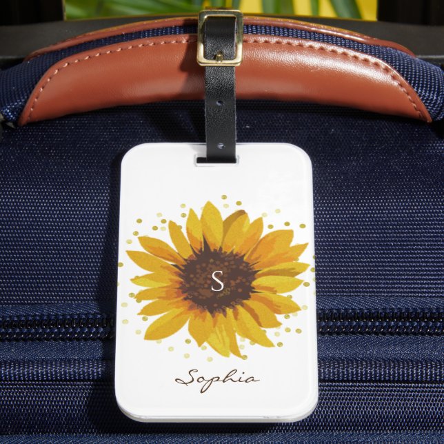 Monogram Sonnenblume mit goldenen Foildoten Gepäckanhänger (Vorderseite Insitu 2)
