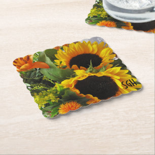 Monogram Sonnenblumen Print Scallop Paper Unterset Untersetzer