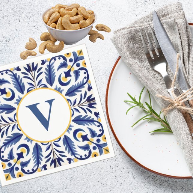 Monogram Spanish Blue Blume Yellow Lemons Serviette (Von Creator hochgeladen)
