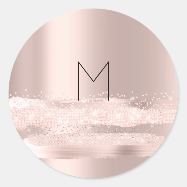 Monogram Spark Rose Blush Initialen Name Round Runder Aufkleber (Vorderseite)