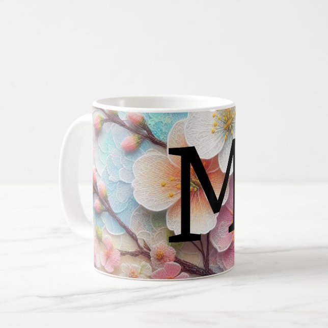 Monogram Spitzenblüte Rosa Blütenpastellblüte Kaffeetasse (Vorderseite Links)