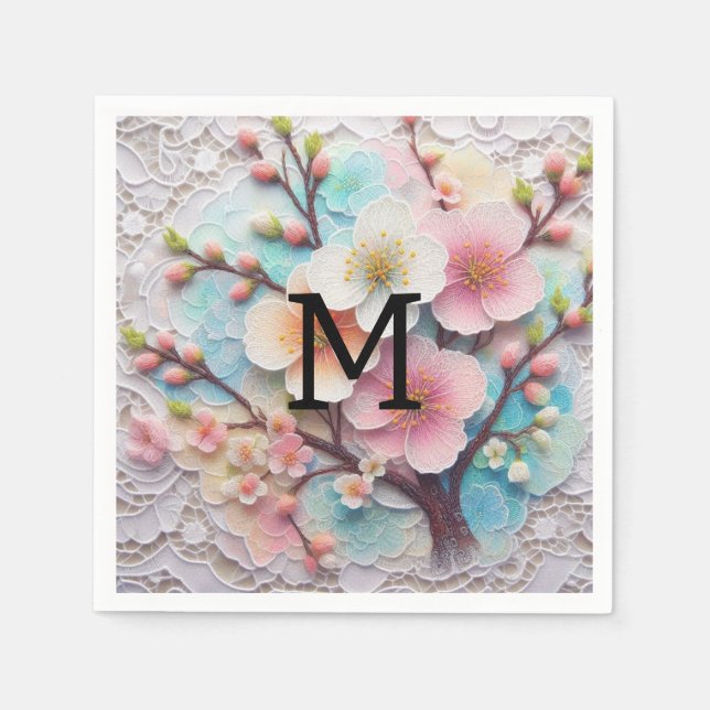 Monogram Spitzenblüte Rosa Blütenpastellblüte Serviette (Vorderseite)