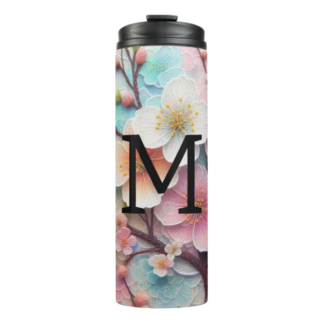 Monogram Spitzenblüte Rosa Blütenpastellblüte Thermosbecher (Vorderseite)