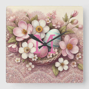 Monogram Spitzenpink-Blüteneier Ostereier in einem Quadratische Wanduhr