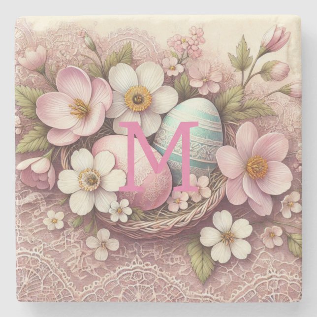Monogram Spitzenpink-Blüteneier Ostereier in einem Steinuntersetzer (Vorderseite)
