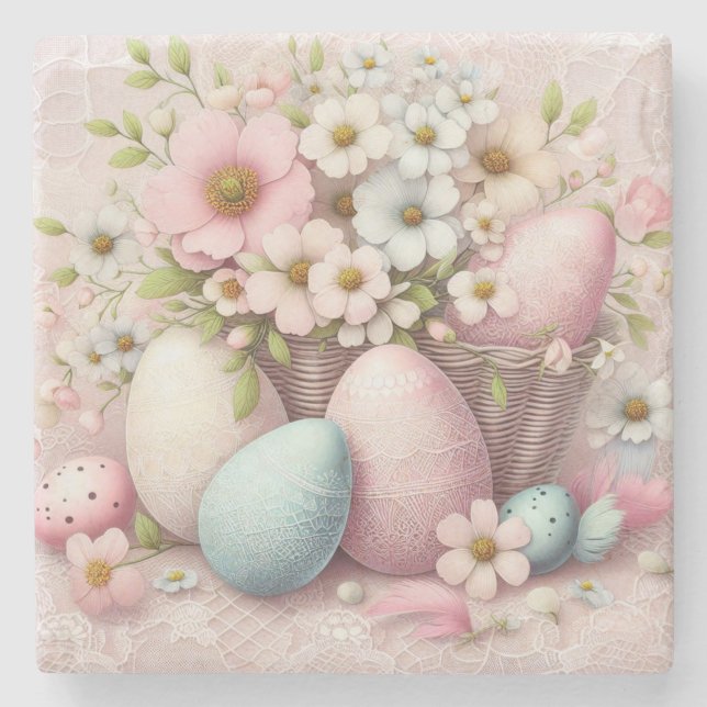 Monogram Spitzenpink-Blüteneier Ostereier in einem Steinuntersetzer (Vorderseite)