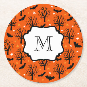 Monogram Spooky Trees and Bats Halloween Muster Runder Pappuntersetzer