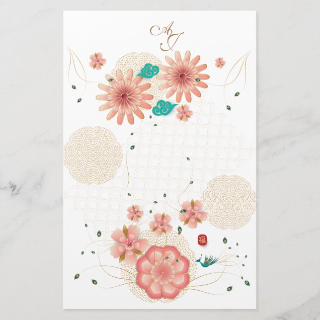 Monogram Spring Peach Flowers Garden Decor Custom Briefpapier (Vorderseite)