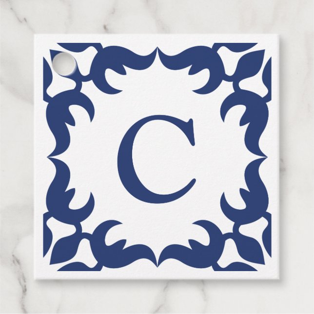 Monogram Square (blau und weiß) Geschenkanhänger (Vorderseite)