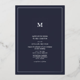 Monogram Square Dark Blue Wedding Foil Einladung