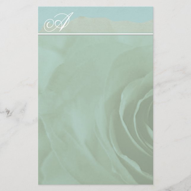 Monogram Stationery verblasste Rose auf Aqua Blue Briefpapier (Vorderseite)