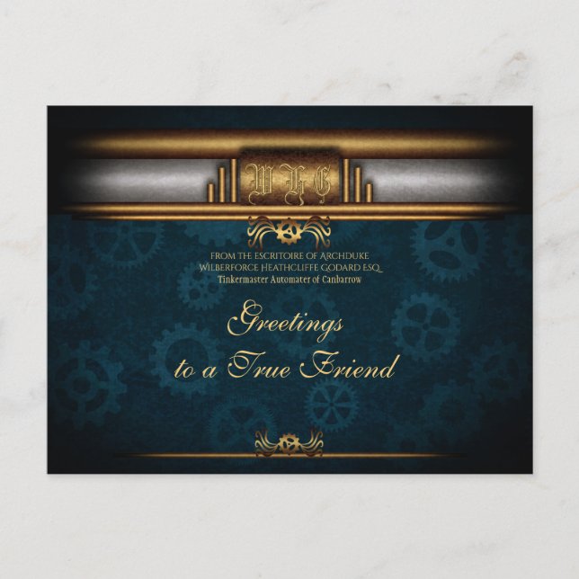 Monogram Steampunkunked Deko, Messing und tiefblau Postkarte (Vorderseite)