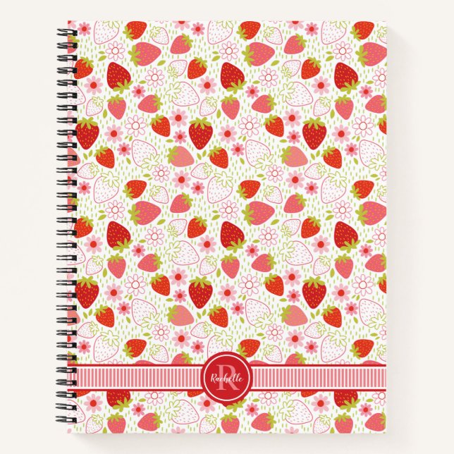 Monogram Strawberry Fruit Pattern Notizbuch (Vorderseite)