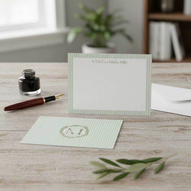 Monogram Striped Pastel Green Note Card  Mitteilungskarte (Von Creator hochgeladen)