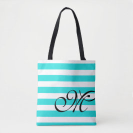 Monogram & Stripes Beach Blue Aqua Tote Beutel