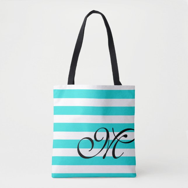 Monogram & Stripes Beach Blue Aqua Tote Beutel (Vorderseite)