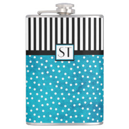 Monogram Stylish Blue Polka Dot Black Stripes Flachmann