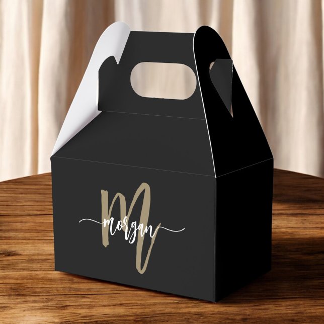 Monogram Stylish Modern Black Gold Geschenkschachtel (Von Creator hochgeladen)