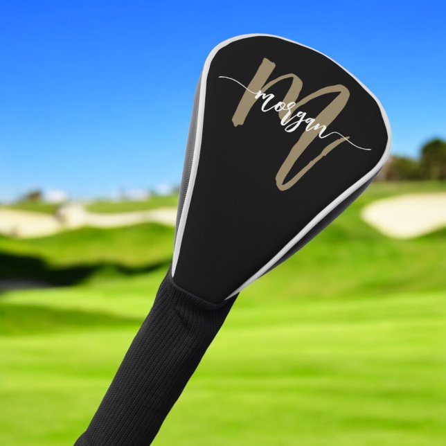 Monogram Stylish Modern Black Gold Golf Headcover (Von Creator hochgeladen)