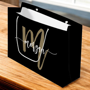 Monogram Stylish Modern Black Gold Große Geschenktüte