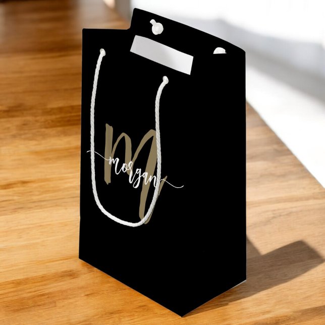 Monogram Stylish Modern Black Gold Kleine Geschenktüte (Von Creator hochgeladen)