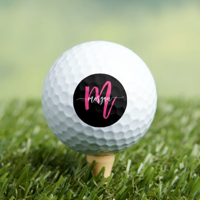 Monogram Stylish Modern Black Hot Pink Golfball (Insitu T-Shirt)