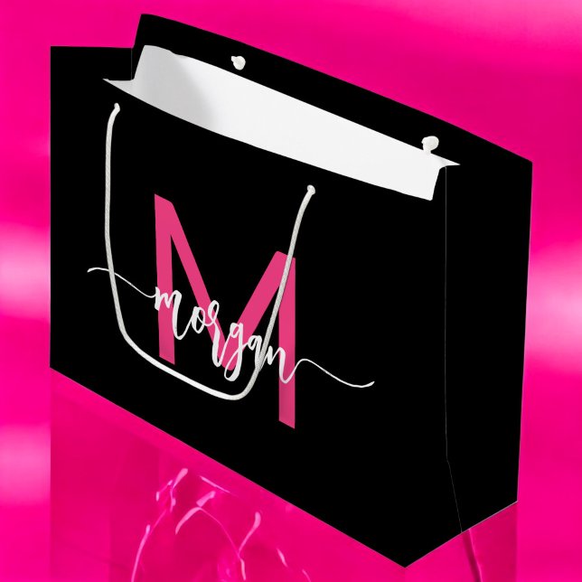 Monogram Stylish Modern Black Hot Pink Große Geschenktüte (Von Creator hochgeladen)