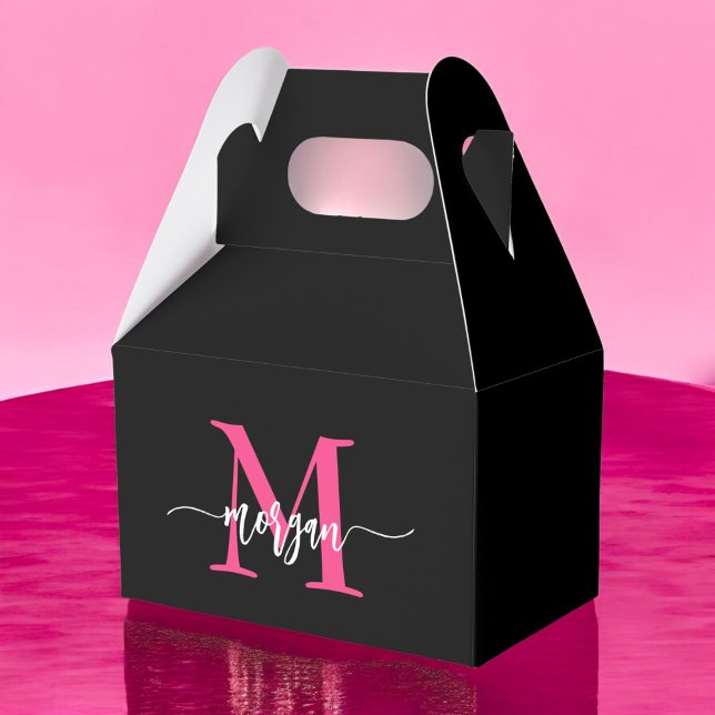 Monogram Stylish Modern Hot Pink Black Geschenkschachtel (Von Creator hochgeladen)