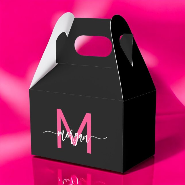 Monogram Stylish Modern Hot Pink Black Geschenkschachtel (Von Creator hochgeladen)