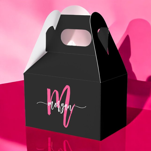 Monogram Stylish Modern Hot Pink Black Geschenkschachtel (Von Creator hochgeladen)