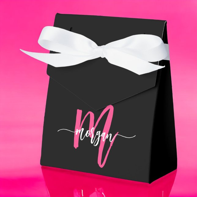 Monogram Stylish Modern Hot Pink Black Geschenkschachtel (Von Creator hochgeladen)