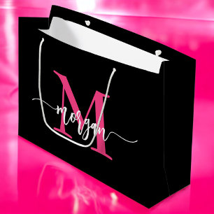 Monogram Stylish Modern Hot Pink Black Große Geschenktüte