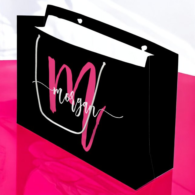 Monogram Stylish Modern Hot Pink Black Große Geschenktüte (Von Creator hochgeladen)