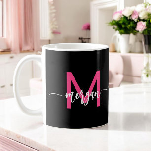 Monogram Stylish Modern Hot Pink Black Kaffeetasse
