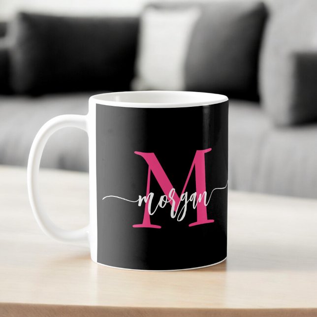 Monogram Stylish Modern Hot Pink Black Kaffeetasse (Von Creator hochgeladen)