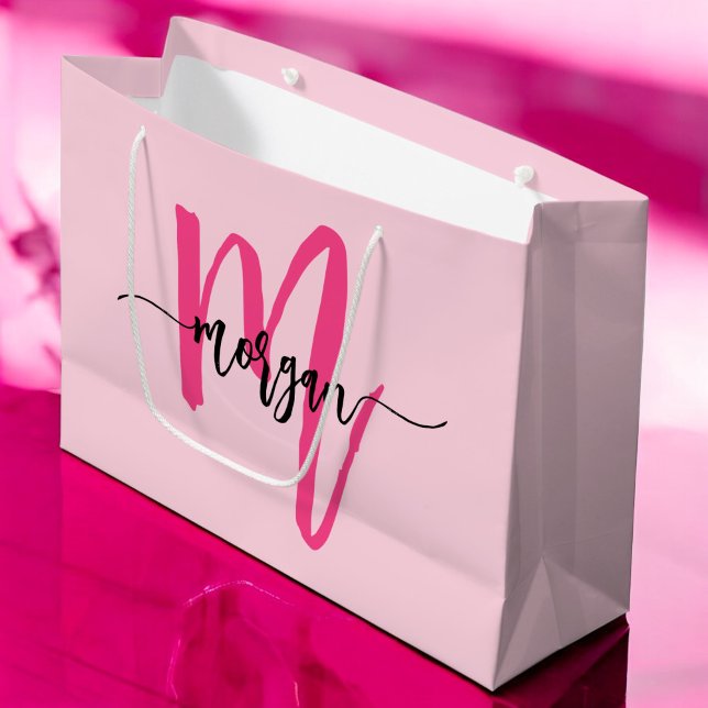 Monogram Stylish Modern Hot Pink Große Geschenktüte (Von Creator hochgeladen)
