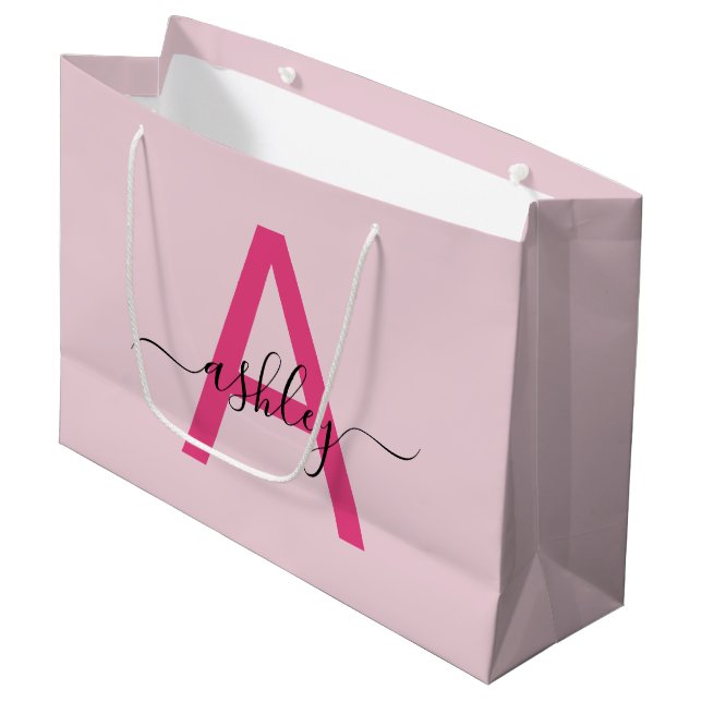 Monogram Stylish Modern Hot Pink Große Geschenktüte (Vorderseite Schrägansicht)