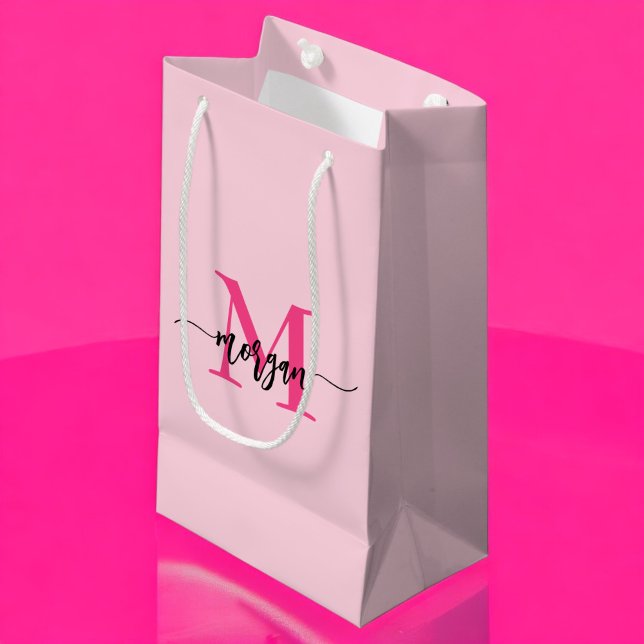 Monogram Stylish Modern Hot Pink Kleine Geschenktüte (Von Creator hochgeladen)